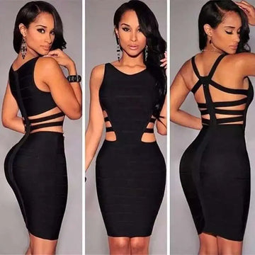 Black sexy sleeveless bodycon dress with cut out straps and ribbed texture fitted silhouette for women