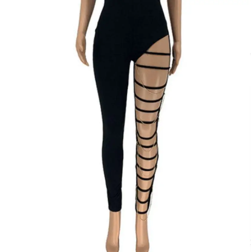Black sheer gold chain ripped leggings with casual sexy design and gold chain detailing along the side