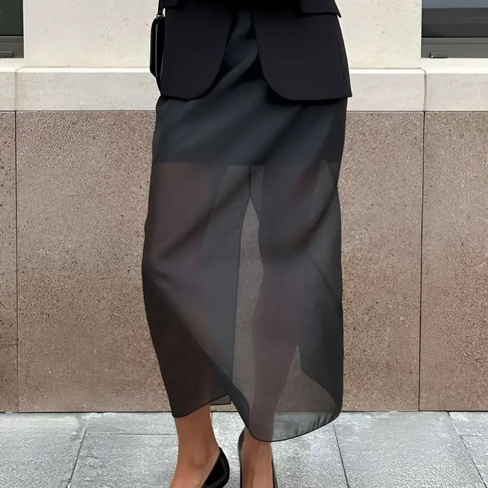 Black sheer high waist slit sheath skirt featuring layered semi-transparent fabric in midi length design