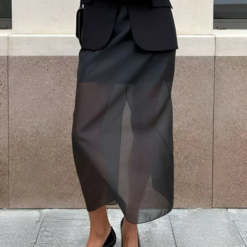 Black sheer high waist slit sheath skirt featuring layered semi-transparent fabric in midi length design