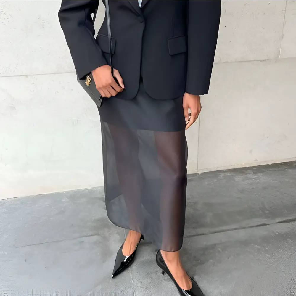 Black sheer high waist slit sheath skirt featuring layered semi-transparent fabric in midi length design