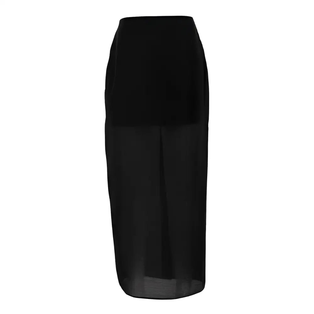Black sheer high waist slit sheath skirt featuring a solid upper section and sheer lower panel with waist slit