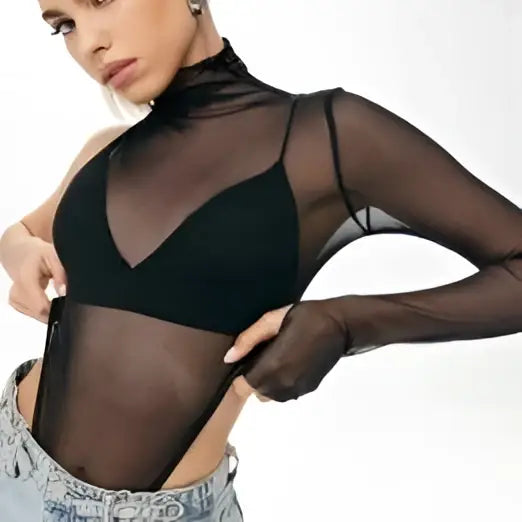 Black sheer long sleeve mesh top with high neckline and one shoulder design in elegant sheer fabric