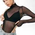 Black sheer long sleeve mesh top with high neckline and one shoulder design in elegant sheer fabric
