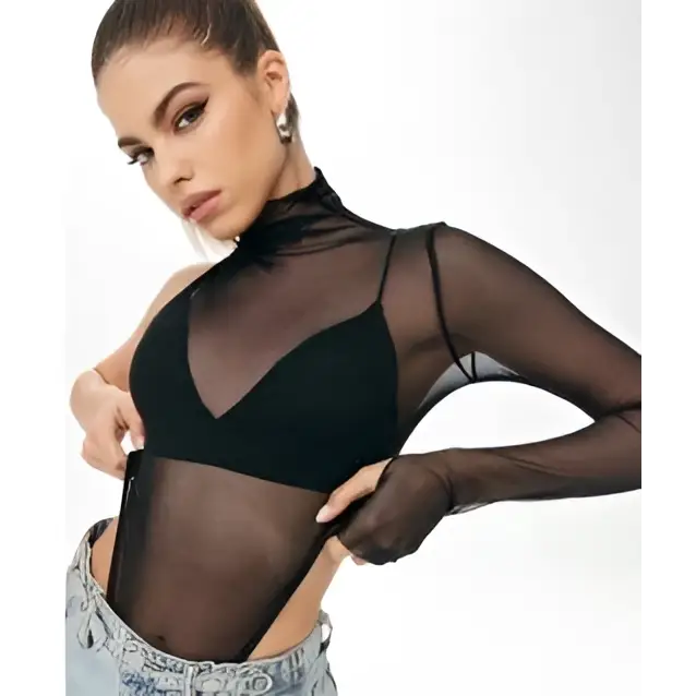 Black sheer long sleeve mesh top with high neckline and one shoulder design in elegant sheer fabric