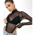 Black sheer long sleeve mesh top with high neckline and one shoulder design in sheer fabric