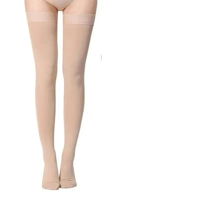 Beige sheer thigh-high stockings with smooth seamless design for tertiary hyperbaric therapy varicose vein treatment