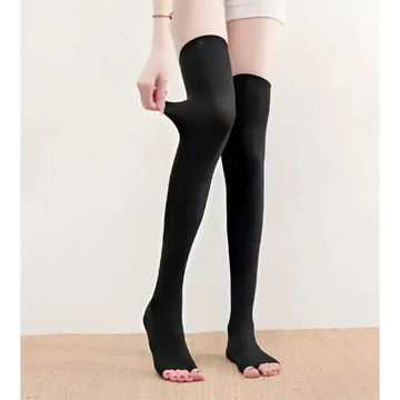 Black sheer toeless over-the-knee tights designed for tertiary hyperbaric therapy and therapy varicose vein use