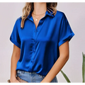 A vibrant royal blue satin button shirt with short sleeves and a classic button down collar