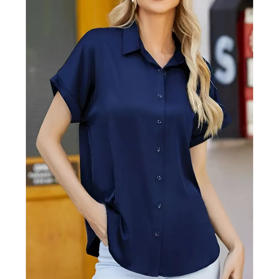 Navy blue short sleeve satin button shirt blouse with collar and subtle sheen for elegant casual wear