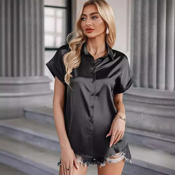 Black short sleeve satin button shirt featuring a collar and slightly flared hem for elegant style