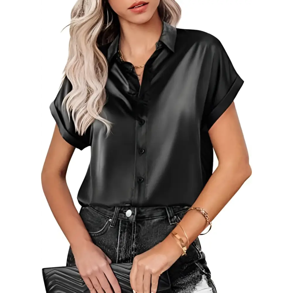 Black short sleeve satin button shirt with collar and rolled cuffs in smooth satin material for elegant wear