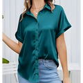 Emerald green satin short-sleeved button-up shirt showcasing sleeve satin button detail in a black short sleeve style