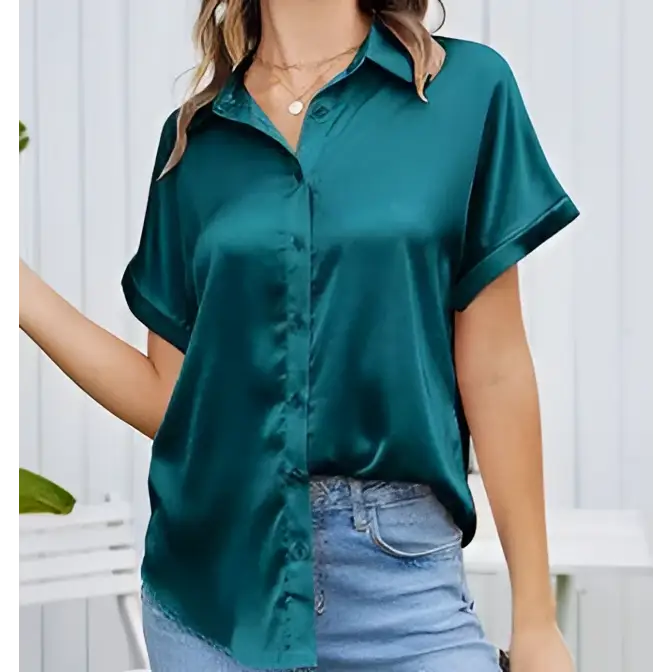Emerald green satin short-sleeved button-up shirt showcasing sleeve satin button detail in a black short sleeve style