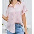Pink satin short-sleeved button-up shirt showcasing a sleeve satin button design in a black short sleeve satin button style