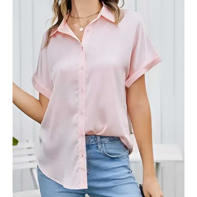 Pink satin short-sleeved button-up shirt showcasing a sleeve satin button design in a black short sleeve satin button style