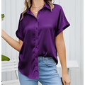 Purple satin short-sleeved button-up shirt paired with black short sleeve satin button shirt for elegant style