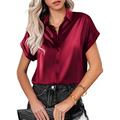 A satin button shirt in burgundy with short sleeves, classic collar, and rolled cuffs for a refined look