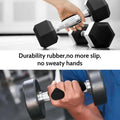 Black hexagonal dumbbell with textured silver handle and rubber grip for black silicone golf grip strengthener spring use