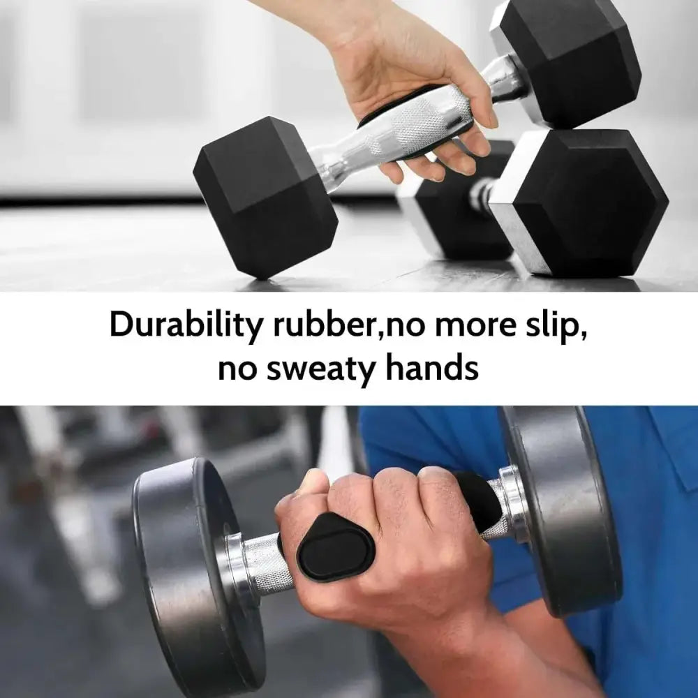 Black hexagonal dumbbell with textured silver handle and rubber grip for black silicone golf grip strengthener spring use