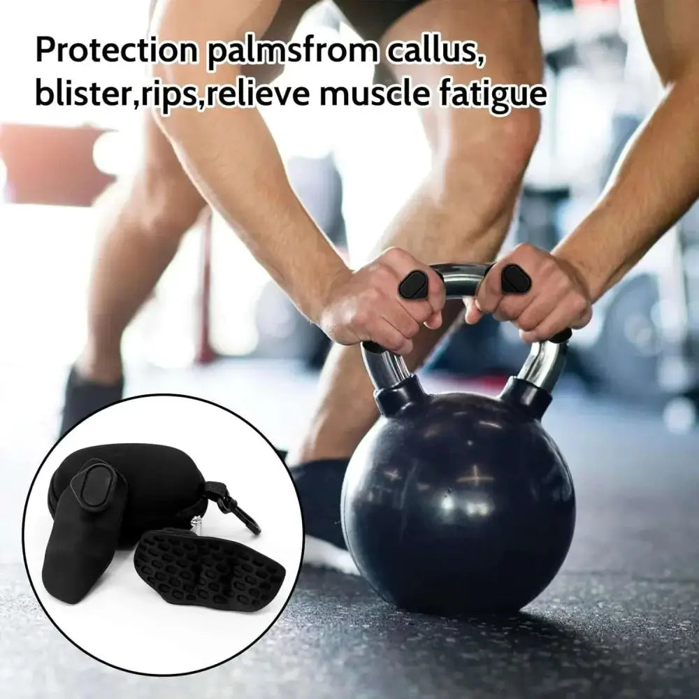 Black silicone palm protectors for kettlebell grip as part of a black silicone golf grip strengthener spring device