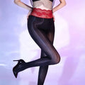 Black silk romper stockings featuring sheer black tights with premium 5d nylon and a red lace peony waist design