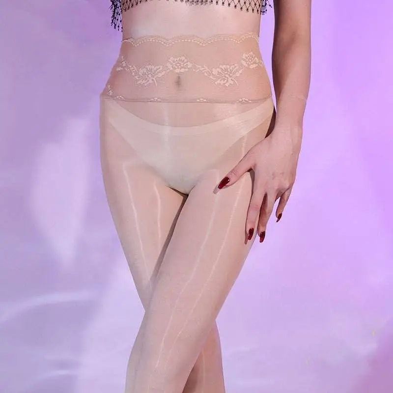 Sheer beige silk romper stockings with delicate floral lace trim at the waistband featuring premium 5d nylon