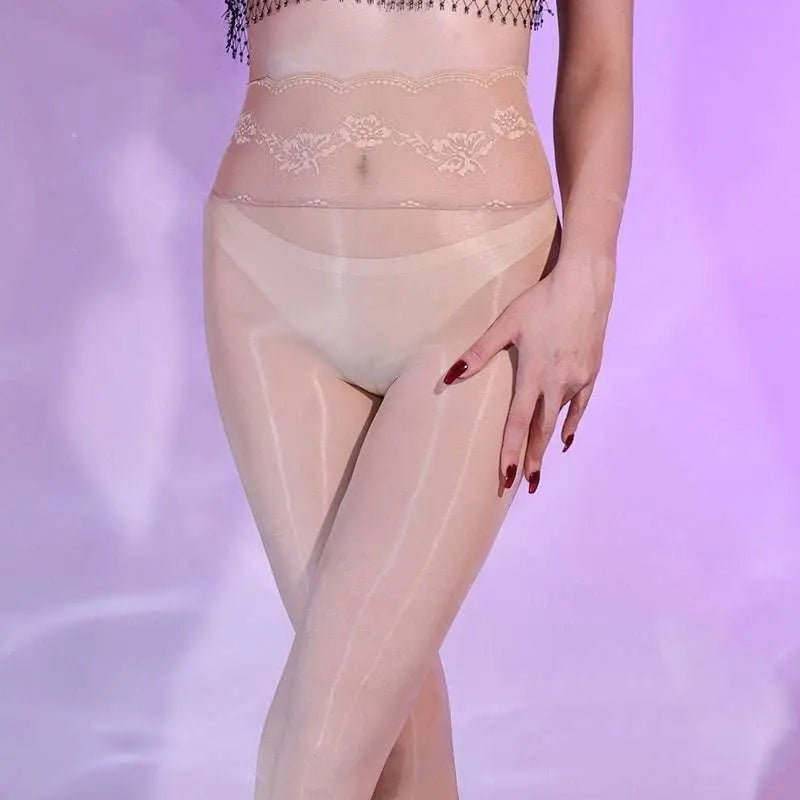 Sheer beige silk romper stockings with delicate red lace peony waist design in premium 5d nylon material