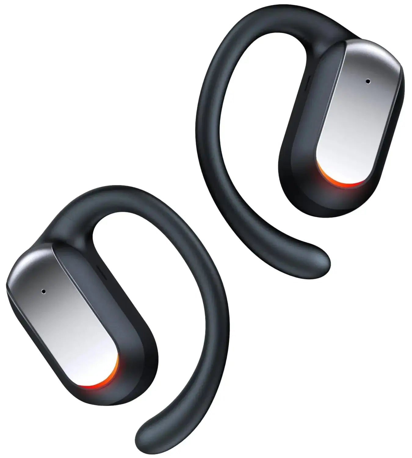 black and silver hook-style wireless earbuds with a glowing orange accent along the bottom edge featured as one of the best gadgets and tech accessories for 2026