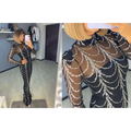 Black sheer long-sleeved mermaid women maxi dress with intricate silver sequin spiderweb pattern design
