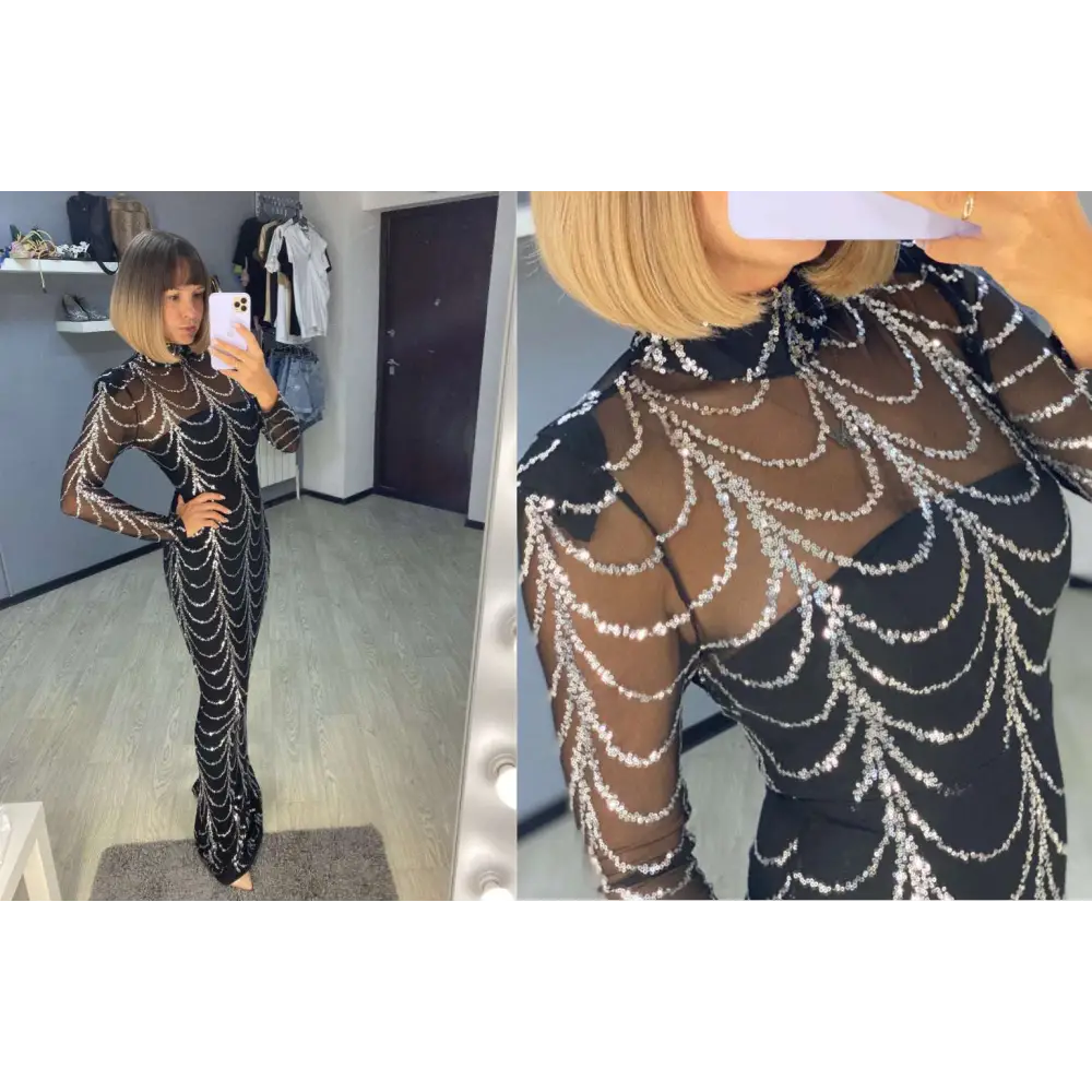Black sheer long-sleeved mermaid women maxi dress with intricate silver sequin spiderweb pattern design