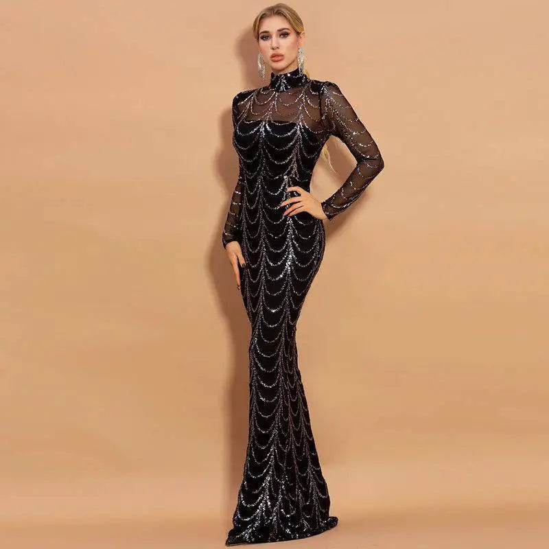 Black silver sequin mermaid women maxi dress with long sleeves and intricate silver cascading wave pattern