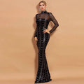 Black silver sequin mermaid women maxi dress with long sleeves and intricate silver cascading wave pattern