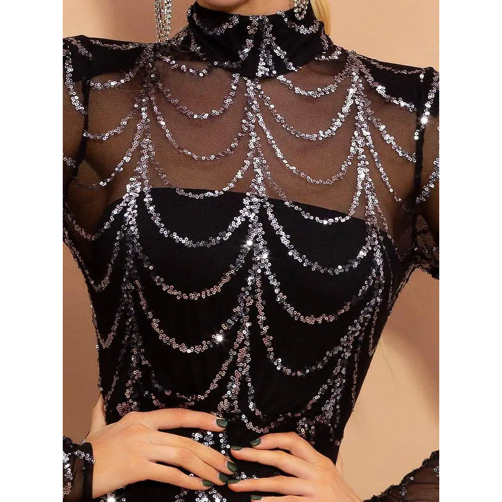 Black silver sequin mermaid women maxi dress with long sleeves and intricate silver cascading wave pattern