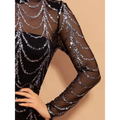 Black sheer long-sleeved mermaid women maxi dress adorned with intricate silver sequin cascading rows