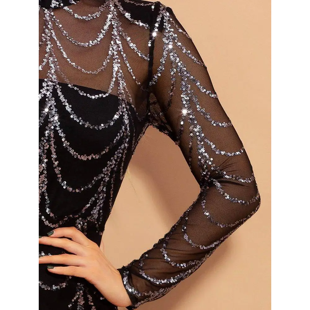 Black sheer long-sleeved mermaid women maxi dress adorned with intricate silver sequin cascading rows