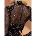 Back view of black silver sequin sheer mermaid women maxi dress with intricate silver cascading patterns
