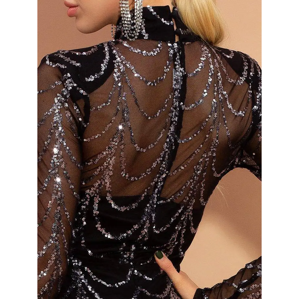 Back view of black silver sequin sheer mermaid women maxi dress with intricate silver cascading patterns