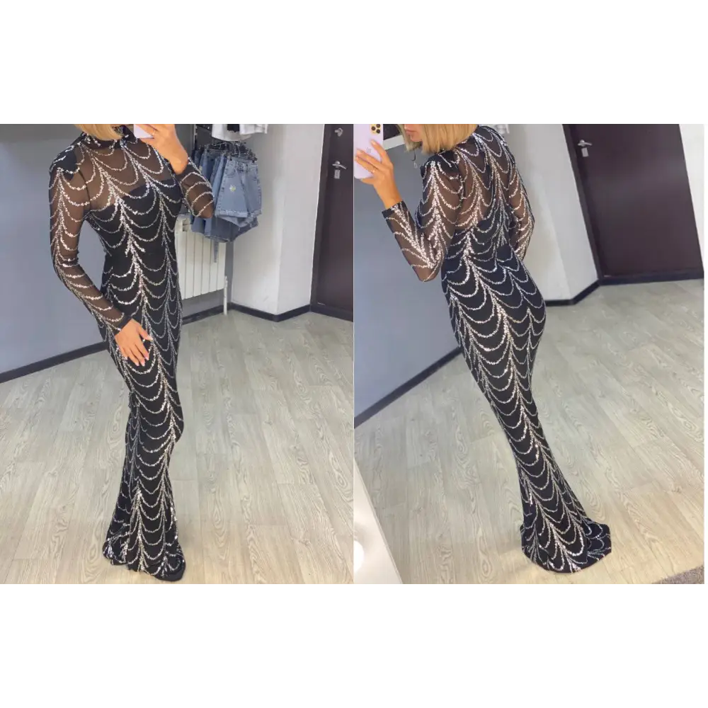 Black silver sequin mermaid women maxi dress with intricate silver beaded patterns on a long-sleeved gown
