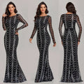 Black silver sequin mermaid women maxi dress with long sheer sleeves and intricate silver cascading wave patterns