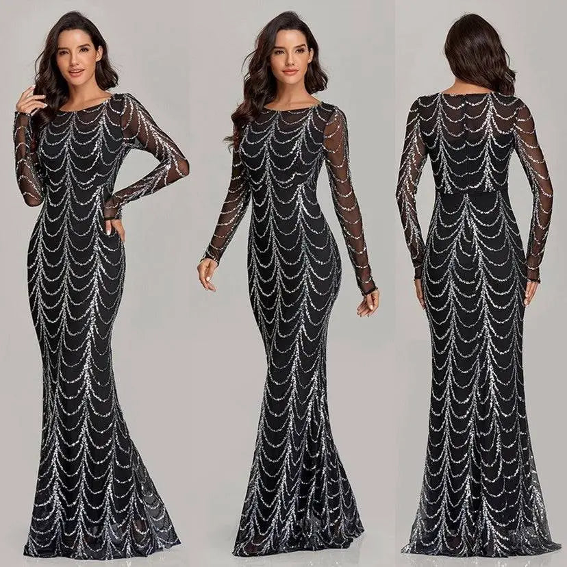 Black silver sequin mermaid women maxi dress with long sheer sleeves and intricate silver cascading wave patterns