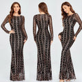 Black silver sequin long sleeve mermaid women maxi dress with fitted silhouette and intricate silver sequin waves