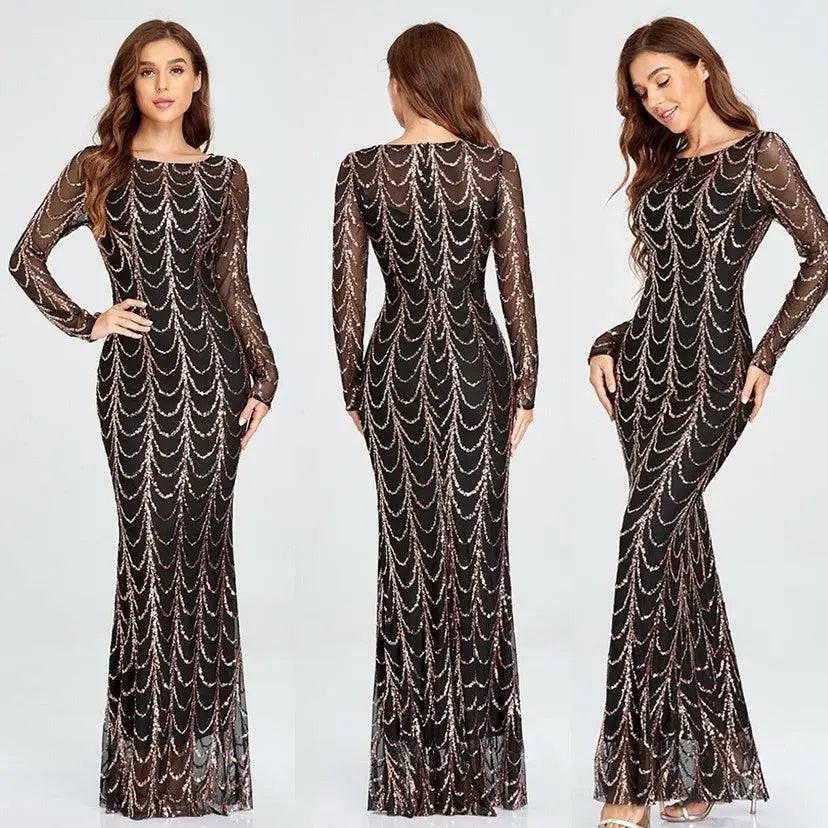 Black silver sequin long sleeve mermaid women maxi dress with fitted silhouette and intricate silver sequin waves