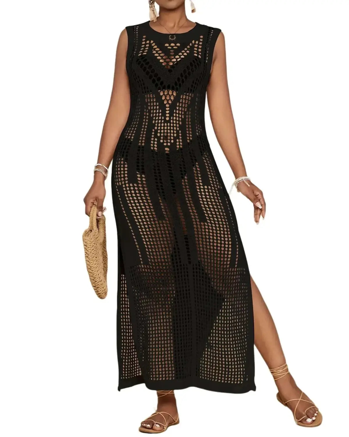 black sleeveless crochet maxi dress with geometric mesh pattern and high side slit featured in an article about triangle bikini and high waist bikini set styles for 2026.