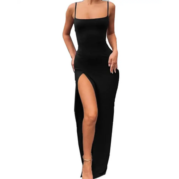Black slit maxi bodycon dress with spaghetti straps and cami style perfect for elegant evening wear