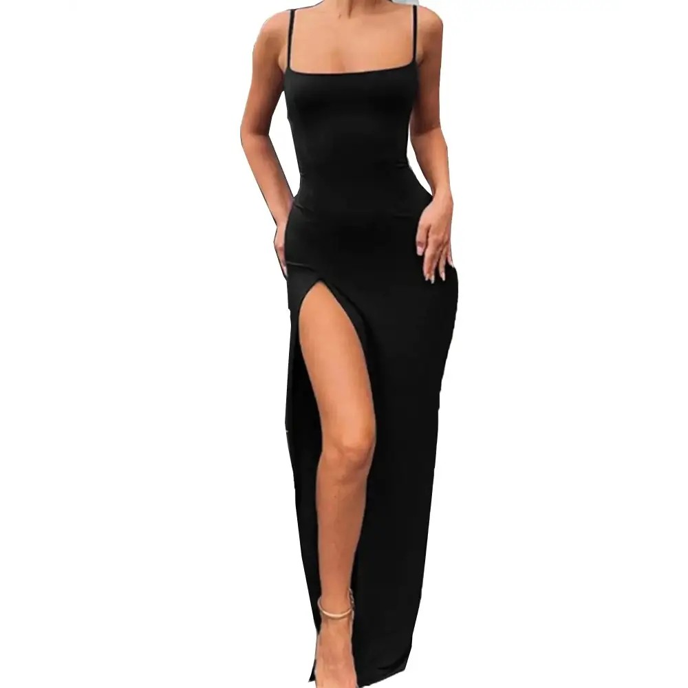 Black slit maxi bodycon dress with spaghetti straps and cami style perfect for elegant evening wear