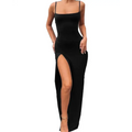 Black slit maxi bodycon dress with spaghetti straps and high slit in cami maxi style for women