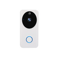 Black smart video doorbell with mobile phone access features a white body, circular camera lens, and blue illuminated button