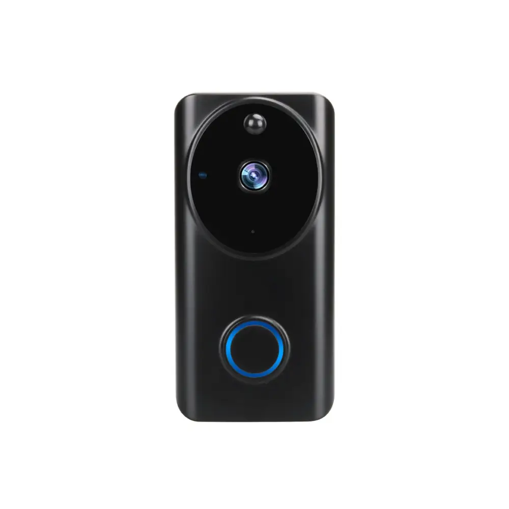 Black smart video doorbell with circular camera lens and blue-lit button featuring mobile phone access functionality