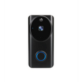 Black smart video doorbell with circular camera lens and blue-lit button offering mobile phone access functionality